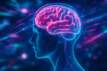 AI generated futuristic concept of human brain glowing with digital energy and data streams symbolizing intelligence innovation and human AI integration in a vibrant technology atmosphere