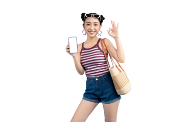 Stylish young woman holding a phone with a blank screen, giving an okay sign, ideal for showcasing an app or design, captured on PNG