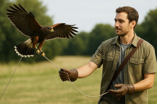 Falconer training a hawk in nature with extended wings, man in gloves holding tethered bird of prey in warm natural light on forest background. Ai generative - Powered by Adobe