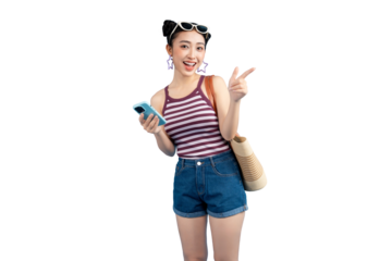 Smiling Asian woman poses playfully holding a phone and giving the peace sign on PNG