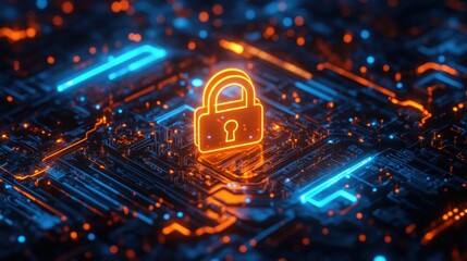 Fototapeta premium A glowing padlock symbol on a digital circuit board background, representing cybersecurity and data protection.