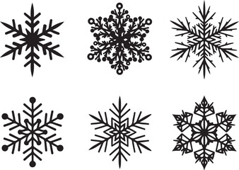 Obraz premium Snowflake Silhouette: A collection of six intricate snowflake silhouettes against the pure black backdrop, ideal for winter-themed designs and creative projects, showcasing a unique design.