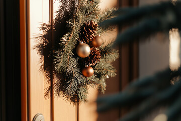 Traditional Christmas wreath with ornaments hanging on a door. Classic holiday decor symbolizing warmth, celebration, and festive spirit. Perfect for seasonal design, advertising, or cozy winter scene