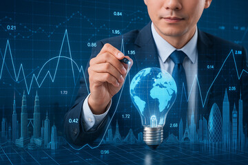 AI generated futuristic business concept showing a businessman analyzing digital data and global financial trends with advanced technology for strategic planning and innovation