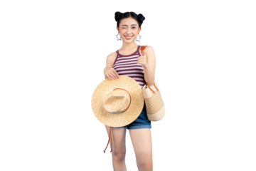 Smiling young woman winks while holding a straw hat and a summer bag. She gives a thumbs up. PNG