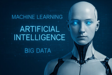 AI generated ultra realistic humanoid robot with glowing blue eyes futuristic digital background facial mesh lines machine learning big data artificial intelligence concept clean modern composition