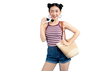 Portrait of a young Asian woman winking and holding sunglasses. She is carrying a bag on PNG