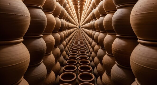 An endless corridor of terracotta pots creates a mesmerizing optical illusion.