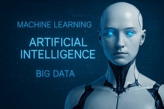 AI generated ultra realistic humanoid robot with glowing blue eyes futuristic digital background facial mesh lines machine learning big data artificial intelligence concept clean modern composition