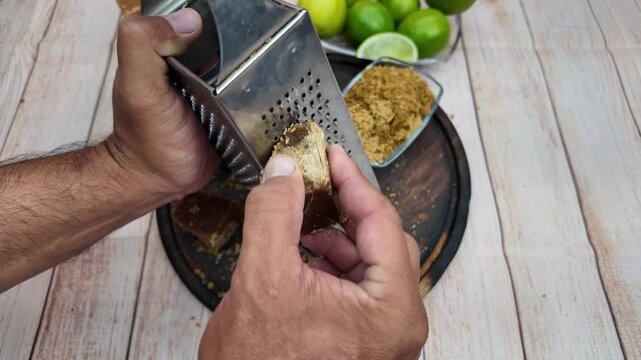 close-up shot of a person's hands grating a block of panela (raw cane sugar) with a grater, showing the detailed process of preparing a traditional drink venezuelan limeade recipe