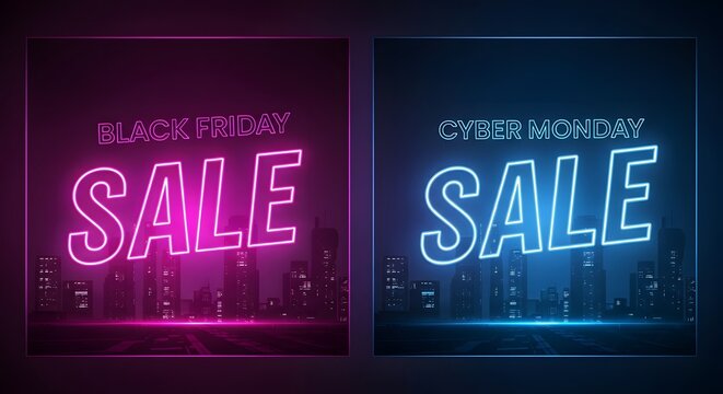 Black friday and cyber monday sale neon signs glowing in the dark with city skyline background - Powered by Adobe