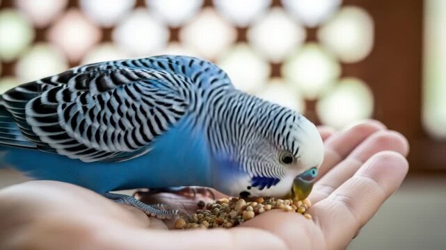 A charming blue parakeet delicately eats seeds from a persons hand, showcasing the beauty of interspecies connection and trust