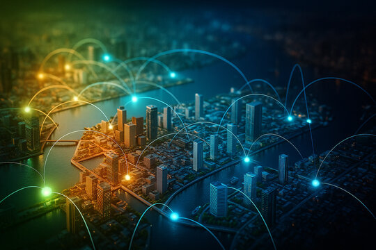 AI generated futuristic smart city glowing network lines and data nodes symbolizing connectivity urban technology innovation and real time communication across modern digital infrastructure