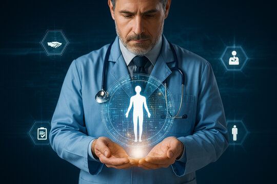 AI generated futuristic medical technology concept showing doctor holding glowing hologram human with digital health data network symbolizing smart healthcare innovation and predictive medicine