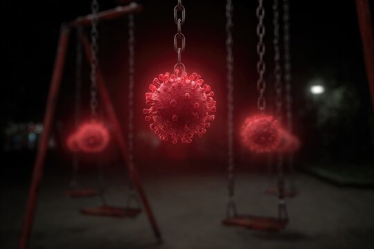 Swings illuminated by eerie red light depict virus spheres, symb