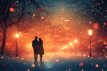 Man and woman walking in the snow at night.