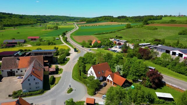 4K Aerial Drone Video of Farm Houses and Fields in the Village of Sachsen near Ansbach, Germany