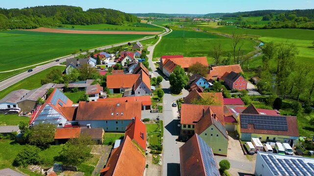 4K Aerial Drone Video of Fields and Farmhouses in the Village of Sachsen near Ansbach, Germany