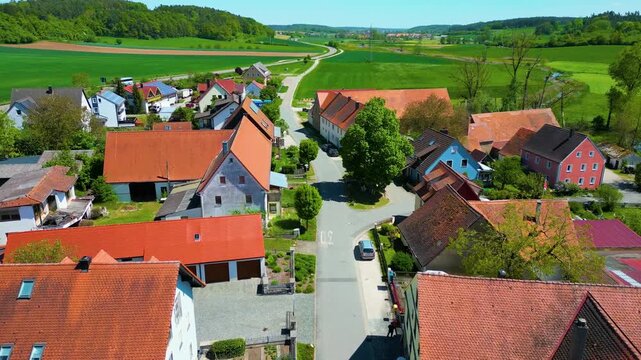 4K Aerial Drone Video of Farming Fields and Farmhouses in the Village of Sachsen near Ansbach, Germany