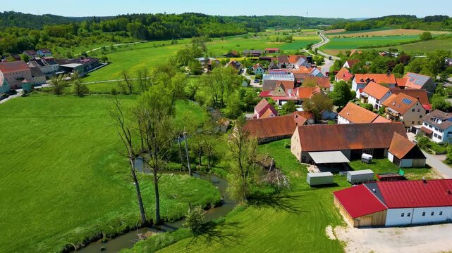 4K Aerial Drone Video of Fields and Farmhouses in the Village of Sachsen near Ansbach, Germany
