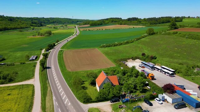 4K Aerial Drone Video of Farm Houses and Fields in the Village of Sachsen near Ansbach, Germany