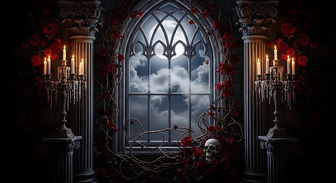 Gothic window with skull roses candles and moonlight creating dark atmosphere