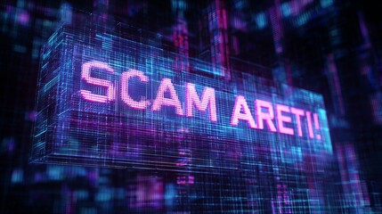 A digital representation of a warning signal featuring the words 'SCAM ARETI!' illuminated in bright pink on a blue grid background.