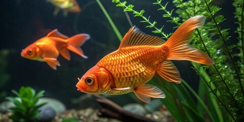 Fototapeta premium Vibrant orange goldfish swim gracefully through a lush green aquatic plant filled aquarium showcasing their elegant fins and scales in a serene underwater scene