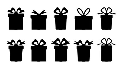  Gift boxes with ribbon icons Set. Gift box flat silhouette set.