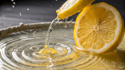 Fresh Lemon Splashing Into Water Bowl
