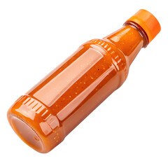 Plastic squeeze bottle with orange hot sauce, glossy finish, and clear nozzle