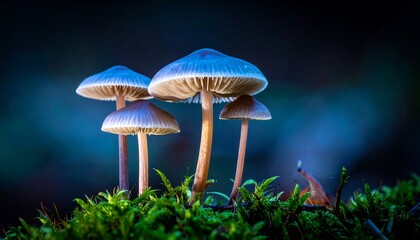 Fototapeta premium Close-up of three small mushrooms on moss