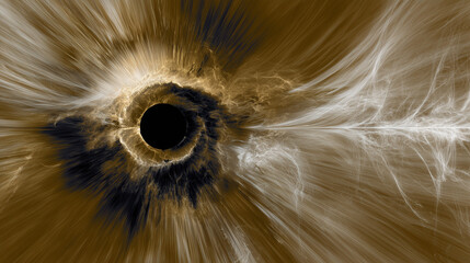 An explosive abstract corona of golden and white energy erupting from a dark center, sending out waves of luminous particles.