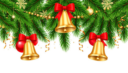 Christmas bells with gold and red ribbons for holiday tree decoration isolated on white background