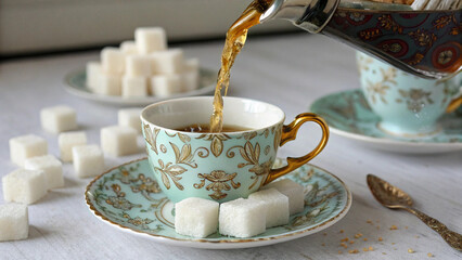 Tea Cup With Sugar Cubes Beside Teapot