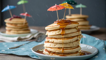 Stack Of Pancakes With Syrup And Colorful Umbrellas
