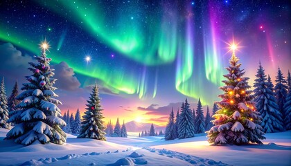Snowy Christmas Trees Under Vibrant Aurora Borealis Sky winter northern lights