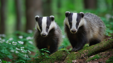 two young eropean badgers in forest