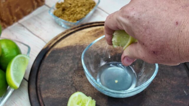 hands-on process of squeezing fresh lime juice into a small clear glass bowl. Green fruit and clear liquid, essential acidic component for a refreshing beverage