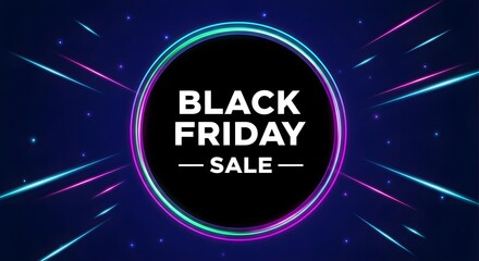 Black friday sale announcement with glowing neon circle and light streaks on a dark blue background, representing a promotional event