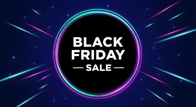 Black friday sale announcement with glowing neon circle and light streaks on a dark blue background, representing a promotional event