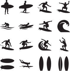 Surfing Silhouette: A collection of dynamic silhouettes depicting the art of surfing, capturing the energy and skill required to ride ocean waves.