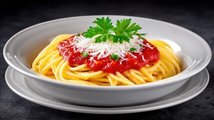 Classic spaghetti with marinara served elegantly in a cozy restaurant setting perfect for any dining occasion