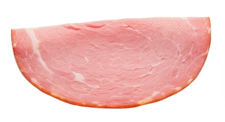 A single slice of cooked ham, isolated on a white background.