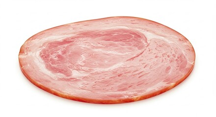 A single slice of cooked ham with visible fat marbling on a white background.