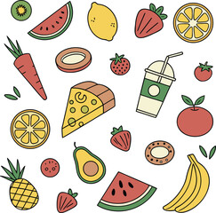 Colorful Cartoon Food Collection Featuring Fruits Vegetables and a Refreshing Drink Perfect for Healthy Lifestyle or Nutrition Related Designs