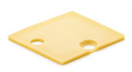 A single slice of yellow cheese with two holes on a white background.