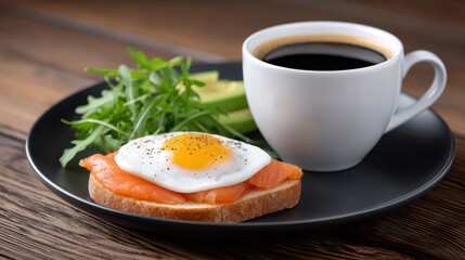 Delightful warm New Zealand breakfast featuring fresh salmon, egg, and vibrant greens paired with a rich coffee on a rustic wooden table