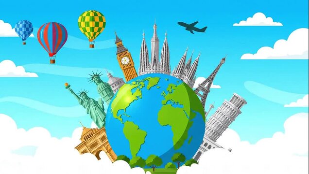 Cartoon Globe with Famous World Landmarks and Hot Air Balloons, Travel and Tourism Concept