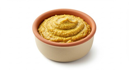 A small bowl of coarse grain mustard on a white background.